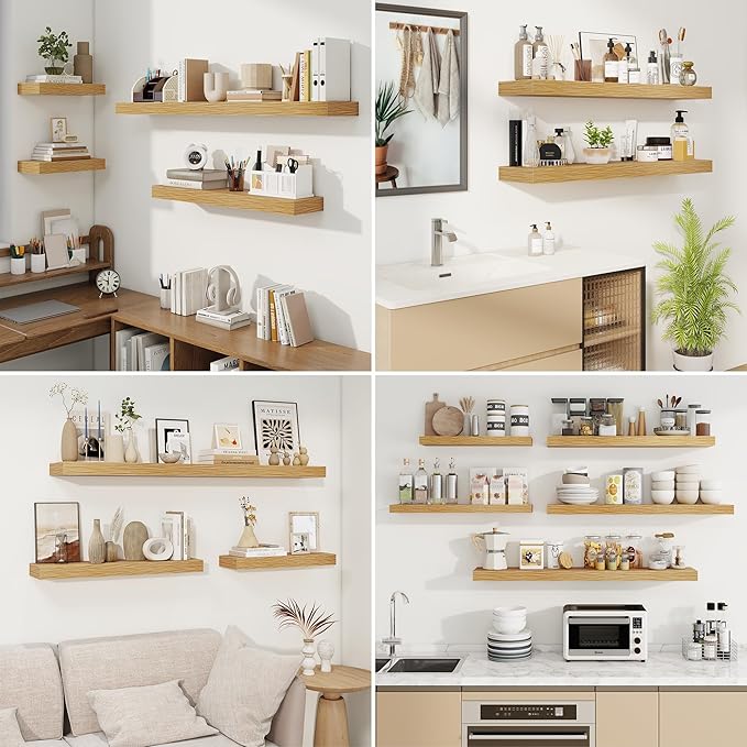 fuqing Floating Shelves for Wall, Bathroom Shelf Wall Mounted for Storage, Shelves with Invisible Bracket for Bedroom, Kitchen, Living Room, Farmhouse Small Book Shelf, 30 Inch Set of 2, Oak