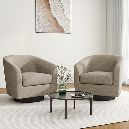 Swivel Barrel Accent Chair, Modern Round Linen Arm Chair for Living Room, Bedroom, Comfy Club Reading Chairs for Adults, Linen Fabric, Light Brown, Set of 2