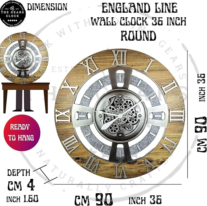 The Gears Clock Real Moving Gear Wall Clock England Line (Grey & White, 36 inches (90 cm))