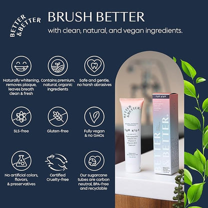 Better & Better Kids Toothpaste | Natural Hydroxyapatite Toothpaste Infused w/Calcium & Vitamins D, E, B12 | Fluoride & SLS Free for Sensitive Brushers | Watermelon Flavor | 3.4oz, 3 Pack