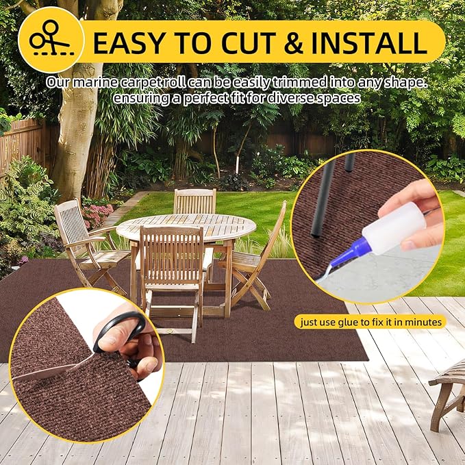 Marine Carpet,5 FT x 25 FT Brown Indoor Outdoor Carpet 0.2" Thick Boat Carpet with Water-Proof TPE Backing, Non-Slide Outdoor Marine Carpet Roll for Home, Patio, Porch, Deck
