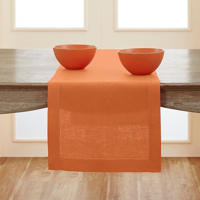 Solino Home Linen Pumpkin Table Runner 144 Inches Long - 100% Pure Linen Extra Long Table Runner 14 x 144 Inch - Classic Hemstitch - Fall, Autumn, Halloween, Thanksgiving