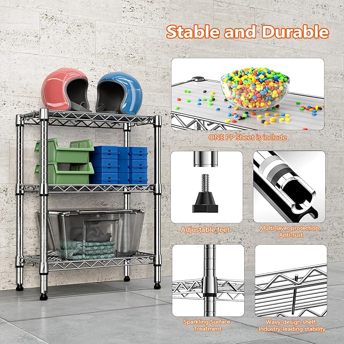750 lbs 3 Tier Shelf Metal Storage Shelves Wire Rack Closet Organizers with PP Board for Garage Kitchen Bathroom Laundry Chrome 11.8" D x 21.7" W x 28.6" H