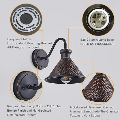 Gooseneck Outdoor Wall Light Fixtures, 2-Pack Farmhouse Barn Lights for Porch, Industrial Oil-Rubbed Bronze Exterior Wall Sconce for Garage, Patio, E26 Base Anti-Rust, Bulb not Included