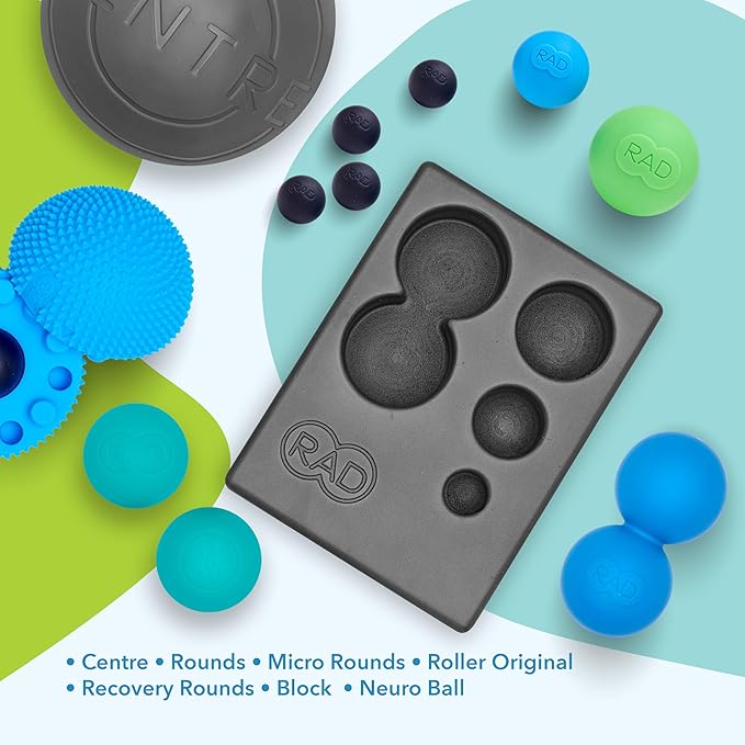 RAD Yoga Bundle for Myofascial Release, Muscle Recovery, & Relaxation – Includes Multi-Use Yoga Block, Neuro Ball Foot Roller, Peanut & Massage Balls in Multiple Sizes & Densities