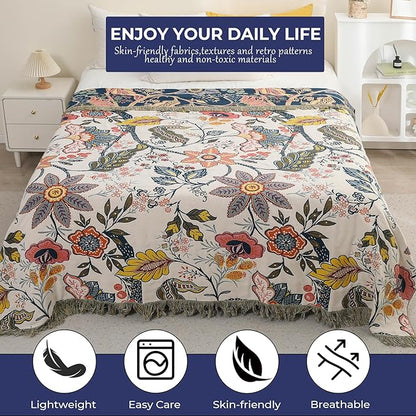 Boho Cotton Throw Blanket - Ultra-Soft Rustic Quilt for Bed, Home Decor & Travel - Large 60"x80" Muslin Blanket - All-Season Lightweight Bedspread & Throw for Women & Moms