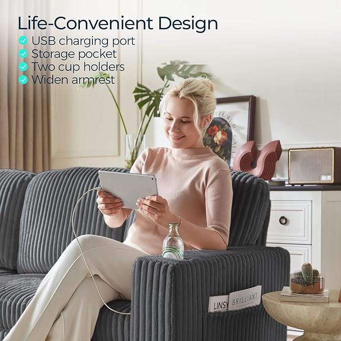 LINSY HOME Loveseat Sofa with Pull Out Couch: 2-in-1 Convertible 2 Seater Sofa Chaise with USB Charging & Cup Holders, Comfy Plush Corduroy Love Seat for Small Spaces Living Room Apartment, Grey