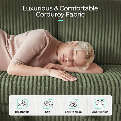 LINSY HOME Sectional Sleeper Sofa with Pull Out Couch Bed - Convertible Plush Corduroy Cloud Couch with Storage Chaise & USB Charging, Comfy Modular Couches for Living Room, Green
