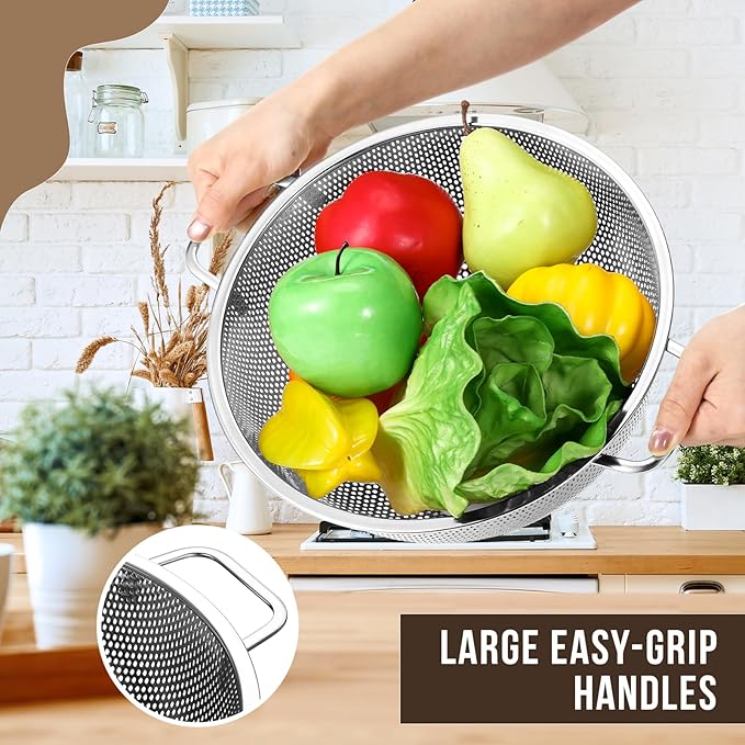 Norme 5 Quart Stainless Steel Silver Colander and 3 Pcs Silver Fine Mesh Strainer, Stainless Steel Pasta Rice Food Metal Strainer with Handles, Easy Clean and Dishwasher Safe