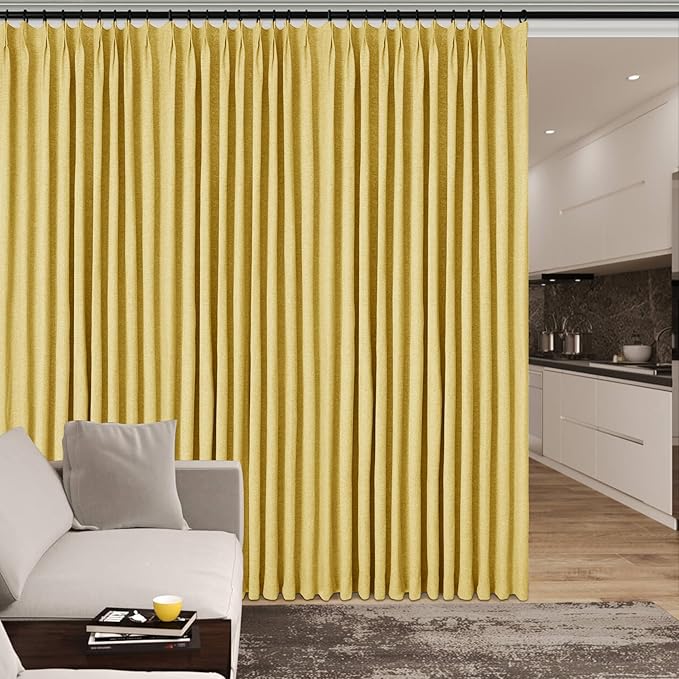 Room Divider Curtains Screen Partitions, Linen Look 100% Blackout Drapery 108 Inches Long, 100" Wide Pinch Pleated Window Drapes, Privacy Protecting, Light Blocking, (1 PC, Yellow)
