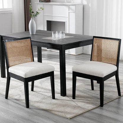 VESCASA Upholstered Dining Chairs with Square Rattan Back, Armless Padded Sherpa Fleece Cushion Dining Chairs with Wood Legs for Dining Room, Kitchen, Set of 6, Black Frame