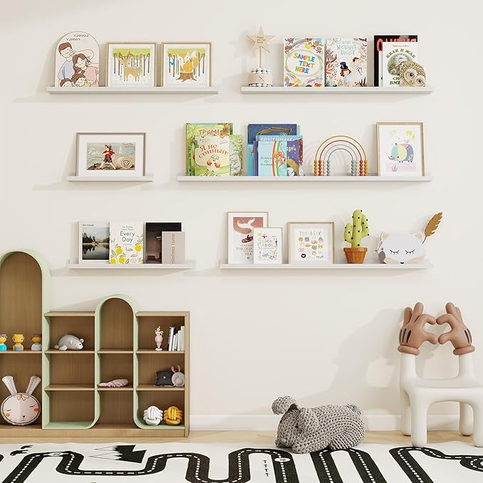 Picture Ledge Shelf, Solid Pine Wood Floating Shelves Set of 2, 24 Inches Nursery Book Shelves for Toys Storage, Kids Bookshelf Wall Mounted for Living Room Bedroom Decor Books Photo Frames, White