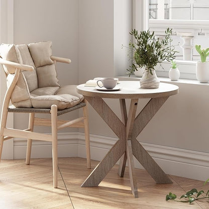 Farmhouse Cross Leg end Table, French Country Accent Side Table for Family, Dinning or Living Room, Small Spaces, Modern, Round, Vintage Grey Finish.