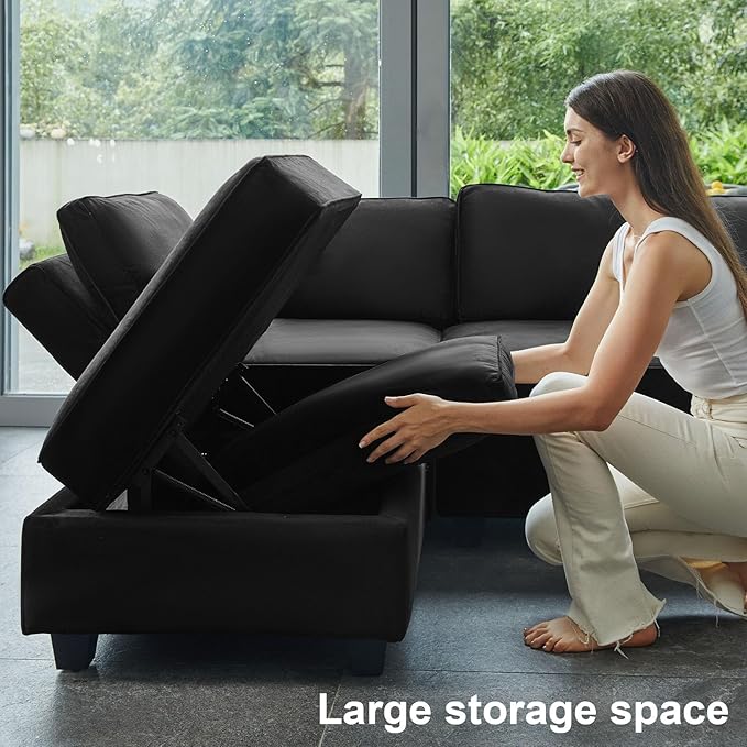 Belffin Modular Sectional Sofa U Shaped Sectional Couch with Reversible Chaises Velvet Modular Sofa with Storage Seat Black