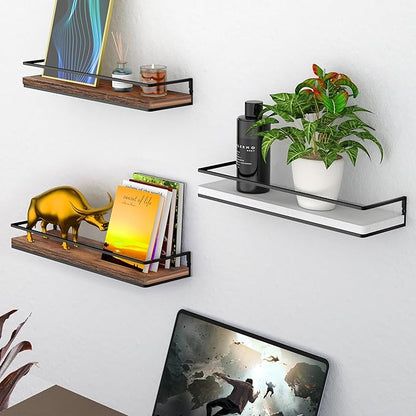 Meangood Floating Shelves Wall Mounted Set of 2, Wall Shelf with Towel Bar Rustic Wood Wall Storage Shelves for Bedroom,Living Room,Bathroom, Kitchen Rustic Brown