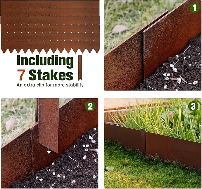 Worth Garden 6 Pack Cor-Ten Steel Landscape Edging w/Rust Patina Finish - 40" L x 8" H Strips - Hammer-in 14-Gauge Metal Corten Edging Border w/ 7 Clips & Gloves - Edge for Lawn Yard (20Ft Total)