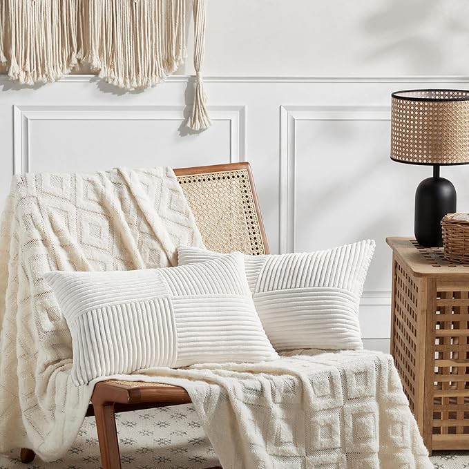 Fancy Homi 2 Packs Cream White Lumbar Decorative Throw Pillow Covers 12x20 Inch for Couch Bed Sofa, Rustic Farmhouse Boho Home Decor, Soft Striped Corduroy Rectangle Accent Cushion Case 30x50 cm