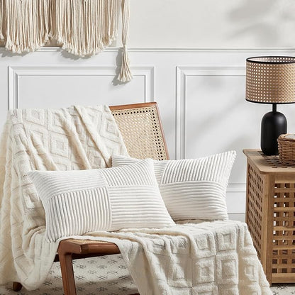 Fancy Homi 2 Packs Cream White Lumbar Decorative Throw Pillow Covers 14x24 Inch for Couch Bed Sofa, Rustic Farmhouse Boho Home Decor, Soft Striped Corduroy Rectangle Accent Cushion Case 35x60 cm