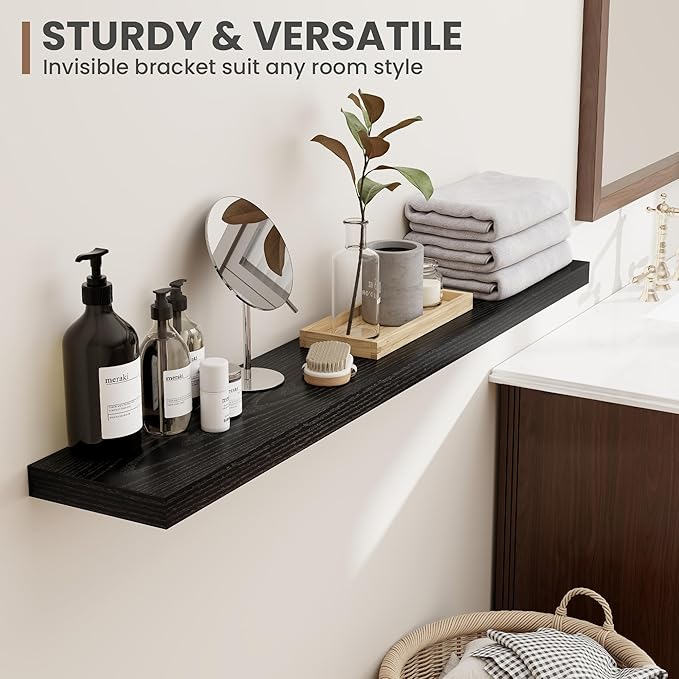 48 Inch Floating Shelves, 8 Inch Deep Floating Shelves for Wall, Hanging Shelf with Invisible Brackets, Deep Shelves for Bathroom, Bedroom, Living Room, Black, Set of 1