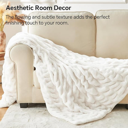 BEDELITE Faux Fur Throw Blanket for Couch, Soft and Cozy Boho Ruched Fluffy Blanket, Warm Plush Fuzzy Faux Rabbit Fur Blanket for Women Gift (Cream, 60"x 80")