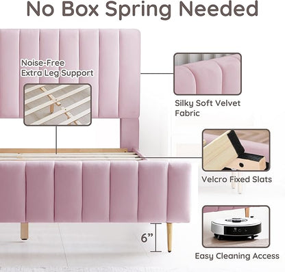 Livinia Twin Size Elton Velvet Platform Bed, Upholstered Bed Frame with Vertical Channel Tufted Headboard Footboard, Strong Wood Slats, No Box Spring Needed, Pink (Twin)