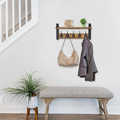 Sorbus Coat Hooks Wall Mount with Shelf – 16 Inch Coat Rack Wall Mount with 5 Heavy Duty Hooks – Floating Wall Shelf with Hooks for Entryway, Bathroom, Bedroom, Kitchen, or Mudroom (Rustic Brown)