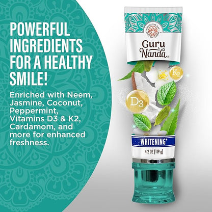 GuruNanda Hydroxyapatite Toothpaste, SLS & Fluoride Free (4 Pack), Whitening Toothpaste - Freshens Breath, Fights Plaque - with 2 Toothbrushes, 2 Tongue Scrapers & 2 Tube Squeezers