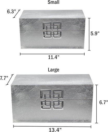 Galt International Storage Box Set Decorative Storage Box w/Hinged Lid Classic Design Wood Decor Boxes with Geometric Clasp Storage for Bedroom & Home - Set of 2 (Silver)