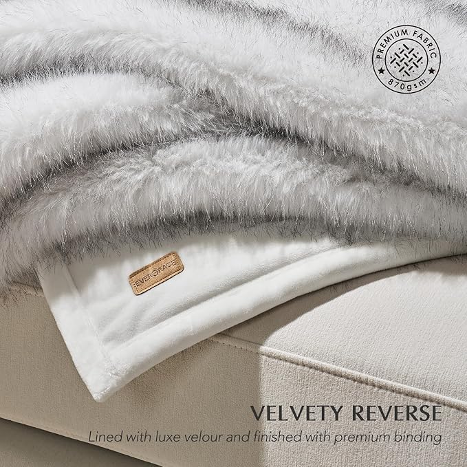Luxury Faux Fur Throw Blanket, Soft Fluffy Faux Mink Blankets for Bed, Couch, Sofa, Thick Cozy Plush Warm Fur Throws with Reversible Velvet, Frosted White Wolf, 60"x80"
