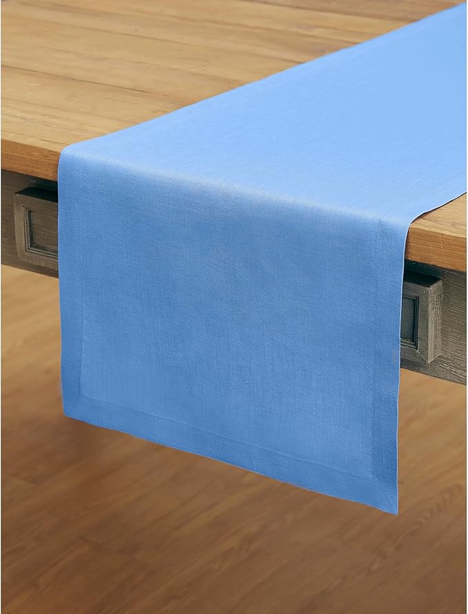Solino Home Linen Table Runner 108 Inches Long - 100% Pure Linen Provence Blue Dining Table Runner 14 x 108 Inch - Fete