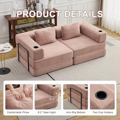78" W Loveseat Sofa, 4 in 1 Convertible Floor Sofa Bed, Boneless Cloud Couch with Cup Holder, Fold Out Floor Couch, Loveseat Recliner Sleeper for Living Room Bedroom Lounge(Corduroy, White)