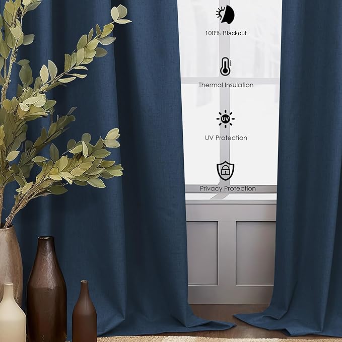 Navy Blue Blackout Curtains for Living Room 84 Inch Length 2 Panel Set Back Tab Pocket Midnight Dark Blue Black Out Linen Window Drape Thermal Insulated Room Darkening Curtain for Bedroom Boys 84 Long