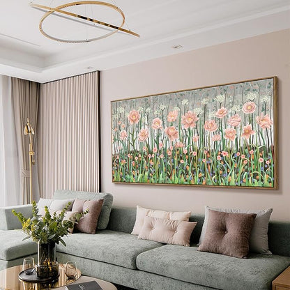 amatop Framed Oversized Floral Canvas Wall Art Canvas Print Modern Botanical Flower Field Rustic Wall Decor Abstract Nature Blooming Wildflower Pale Pink Green Artwork for Living Room Bedroom Office 58x29 in