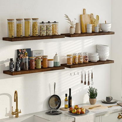 Fun Memories 72 Inch Floating Shelves for Wall, Elm Wood Floating Shelves for Home Décor, Wall-Mounted Display Shelves with Heavy-Duty Bracket, Long Floating Shelf for Kitchen, Living Room, Walnut