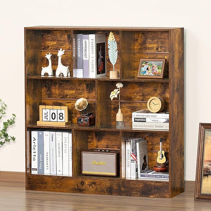 LEYAOYAO 8 Cube Bookshelf with Wood Base, Brown 3 Tier Mid-Century Modern Bookcase,Standing Wide Bookshelves Storage Organizer Shelf,Rustic Display Cabinet Book Shelves for Bedroom,Living Room,Office