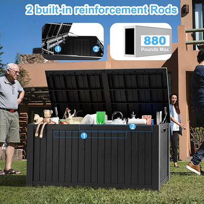 180 Gallon Deck Box,Resin Outdoor Storage Box with Lockable for Patio Furniture, Pool Accessories, Garden Tools Waterproof Outside Storage Box, Black