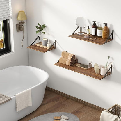 Deep Floating Shelves for Wall, 12 Inch Deep Floating Shelves Set of 2, 16"W x 12"D Wall Shelf, Wide Display Ledges Shelves for Bedroom, Bathroom, 12 Deep Bookshelf Wall Mounted - Walnut Color