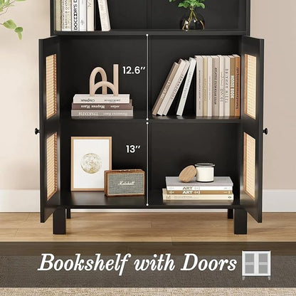 Tall Bookshelf, 5-Tier Book Shelf with 2 Rattan Doors, Freestanding Bookcase Display Shelves with Large Storage, Book Case for Living Room, Office, Study, Bedroom, 70.9 Inch