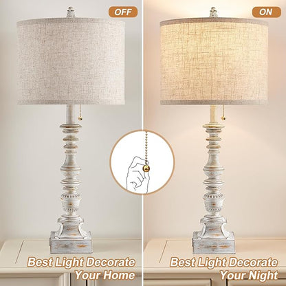 Set of 2 Farmhouse Table Lamps for Living Room, 29.5" Inch Tall Rustic Bedrooms Nightstand Table Lamp with USB-C & USB-A Charging + AC Outlet, Pull Chain Bedside Lamp for End Table, Antique White