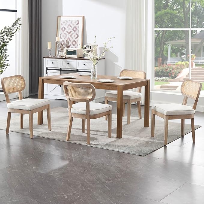Rattan Dining Chairs Set of 6 Farmhouse Wood Kitchen Chairs with Cane Back Upholstered Curved Backrest Dinner Chair Rustic Armless Side Chair for Dining/Living Room/Restaurant, Beige