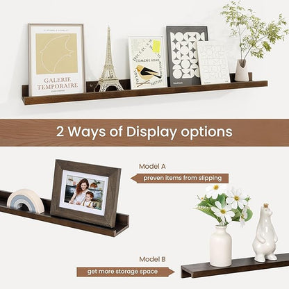 Picture Ledge Shelf, Solid Pine Wood Floating Shelves Set of 2, 32 Inches Nursery Book Shelves for Toys Storage, Kids Bookshelf Wall Mounted for Living Room Bedroom Decor Books Photo Frames, Walnut
