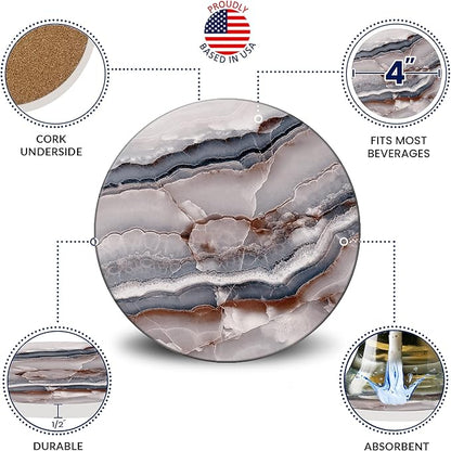 Emerson Coasters for Drinks Absorbent – Natural Stone Drink Coasters Set with Holder, Coasters for Coffee Table, Wooden Tabletop Protection Marble Style – 100% Heavy Duty, Set of 6 (Onyx)