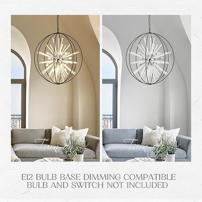 31.5" Black Chrome 16-Light Globe Sputnik Chandelier Modern Adjustable Hanging Ceiling Glass Tube Pendant Light Fixture for Entryway Foyer Stairway Dining Living Room Hallway
