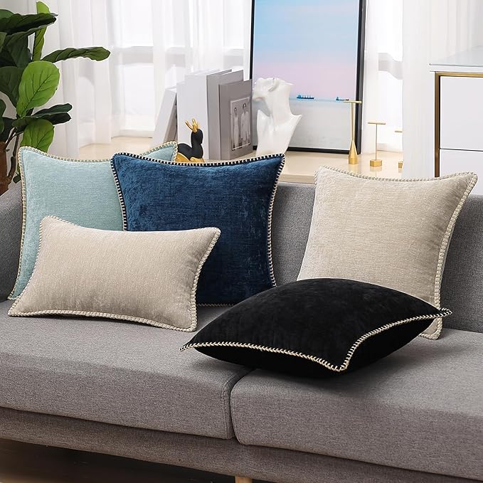 decorUhome Chenille Soft Throw Pillow Covers 26x26 Set of 2, Farmhouse Velvet Neutral Decorative Euro Pillow Covers with Stitched Edge for Couch Sofa Bed Home Decor, Black
