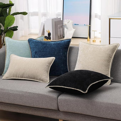 decorUhome Chenille Soft Throw Pillow Covers 16x16 Set of 2, Farmhouse Velvet Neutral Decorative Euro Pillow Covers with Stitched Edge for Couch Sofa Bed Home Decor, Black