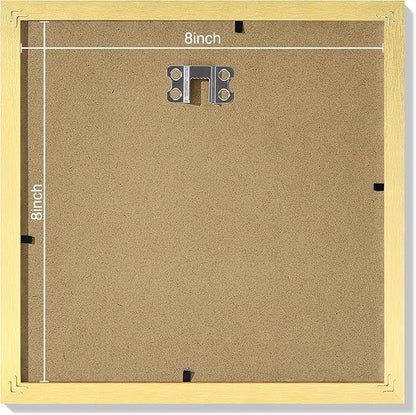 Vittanly 8x8 Picture Frames Set of 9, Shatter Resistant Plexiglass, Display 4x4 Pictures with Mat or 8x8 without Mat, Photo Frames for Wall Mount, Engineered Wood, Gold