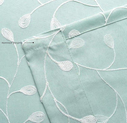 MIUCO Floral Embroidered Semi Sheer Curtains Faux Linen Grommet Window Panel Pair for Kitchen 52 x 63 Inch, Subtle Green