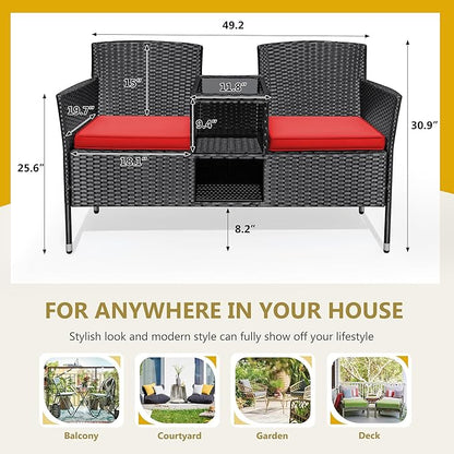 Flamaker Outdoor Furniture Patio Loveseat Wicker 2-Seat with Built-in Table and Cushions Rattan Porch Chairs Bench for Balcony, Lawn, Backyard (Red)