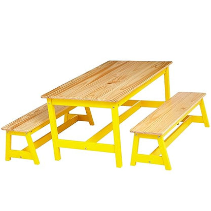 Amazon Basics Indoor Kids Table and Bench Set, Natural, solid pine wood, 3 Count (Pack of 1), Wood Activity Table for Art, Craft, Reading, Learning