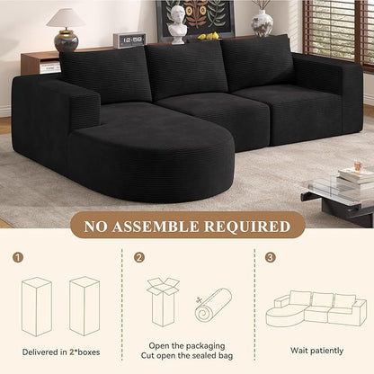 Modular Sectional Sofa with L-Shape Chaise,Cloud Sectional Modern Sleeper Couch with Deep Seat,Sponge Compression Sofas No Assembly Required (Black-Corduroy Fabric) 1PCS